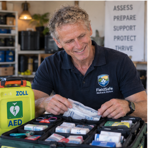 Russell Maher checking FieldSafe readiness kit and AED before an event